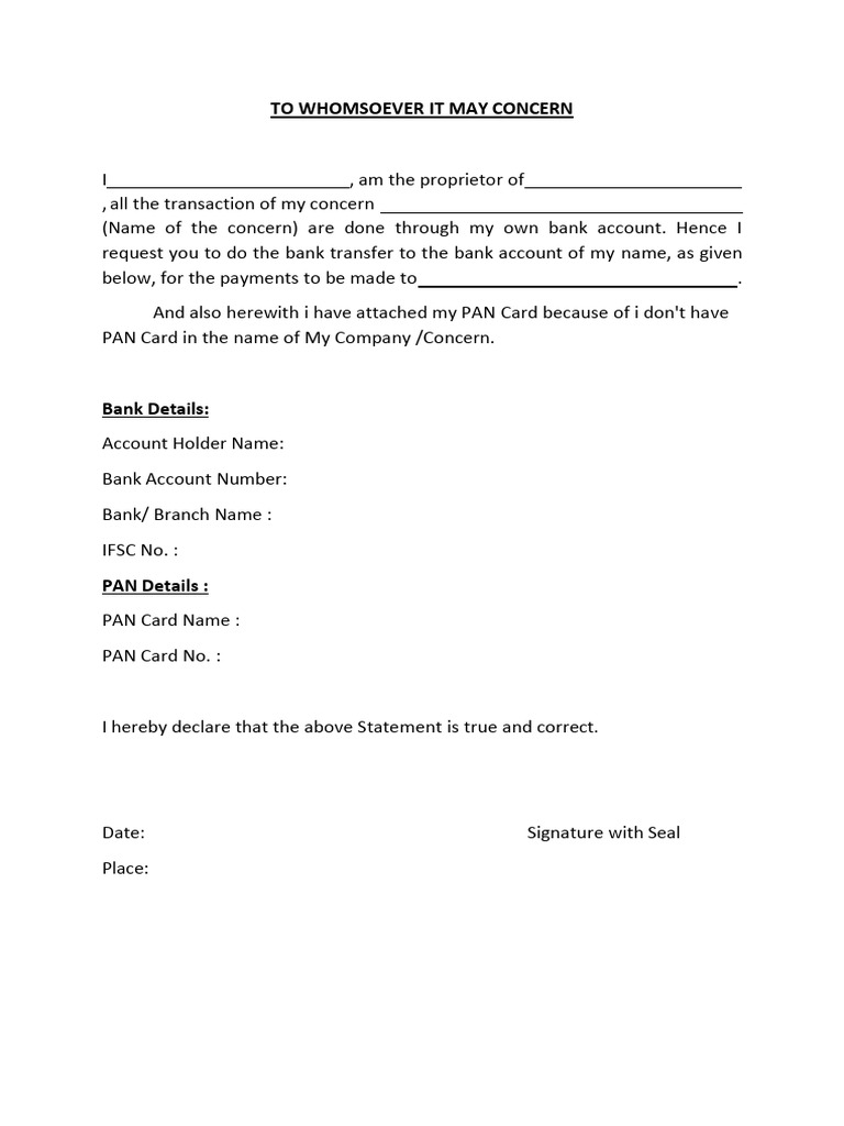Proprietor Letter For Bank Account and PAN Card | PDF