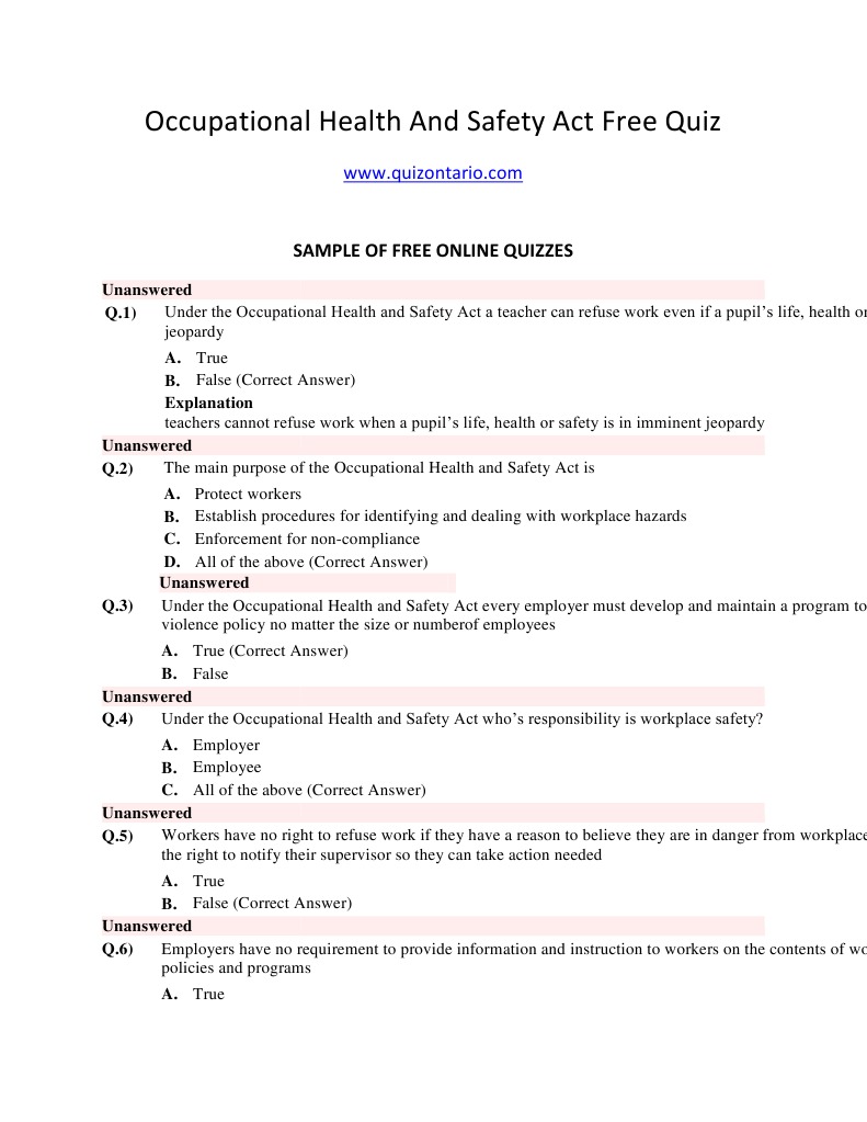 Occupational Health and Safety Act Free Quiz PDF Occupational