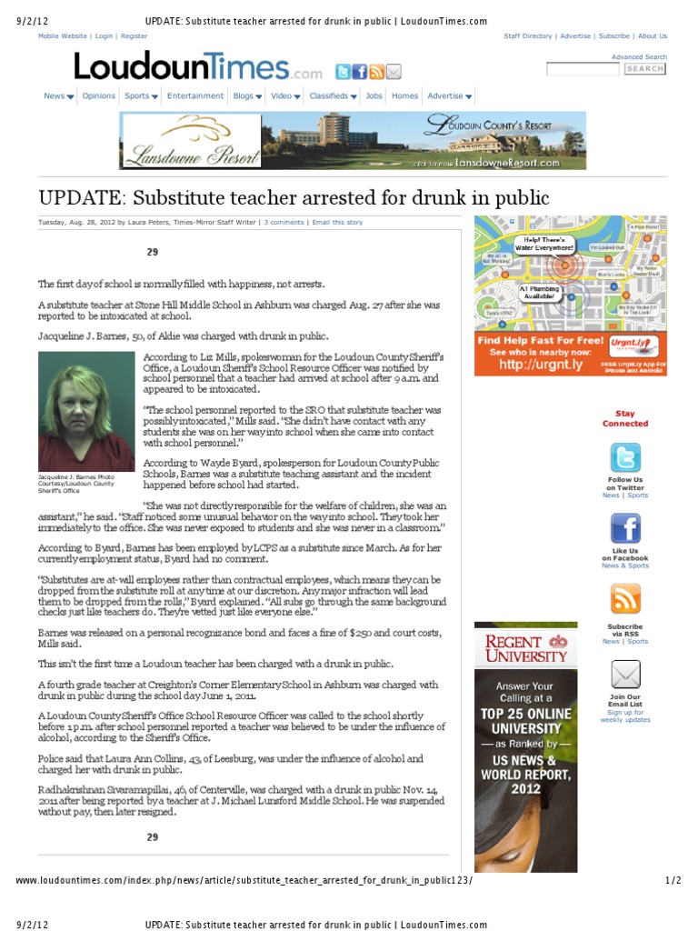 UPDATE - Substitute Teacher Arrested For Drunk in Public - LoudounTimes ...