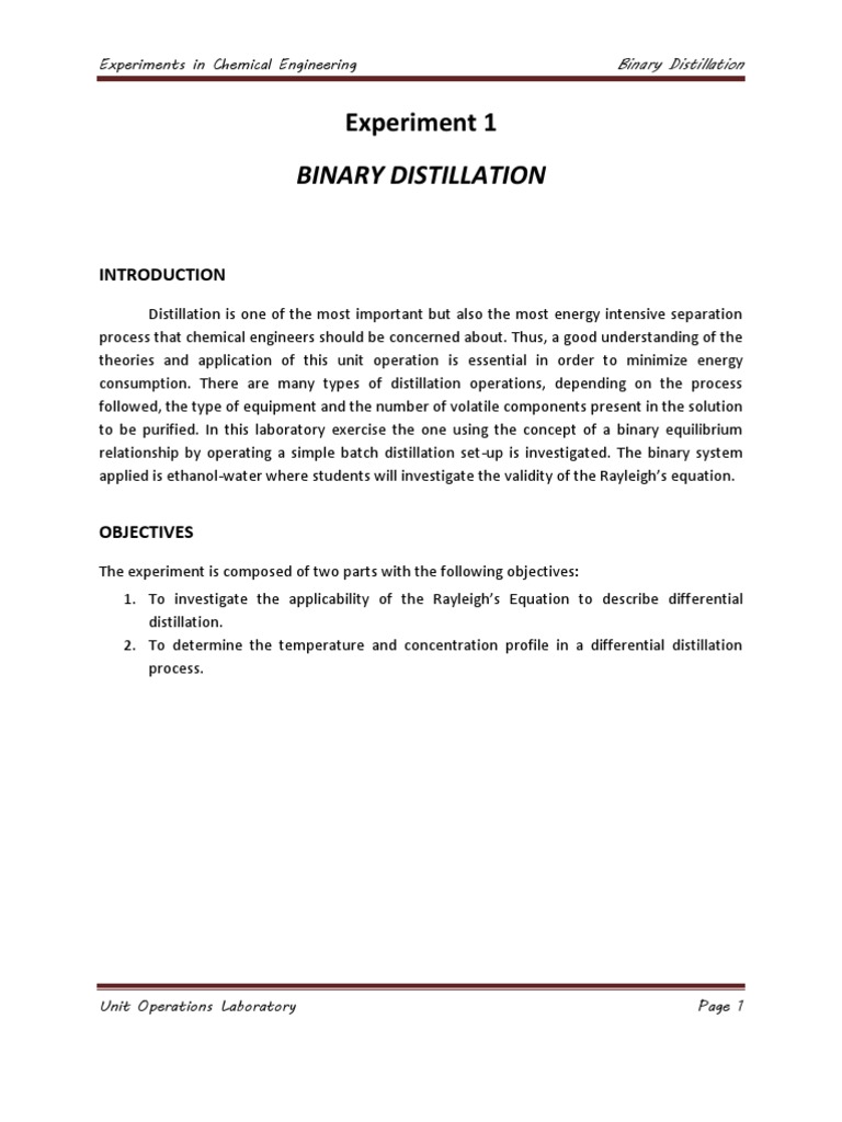Binary Distillation Manual Pdf Distillation Separation Processes