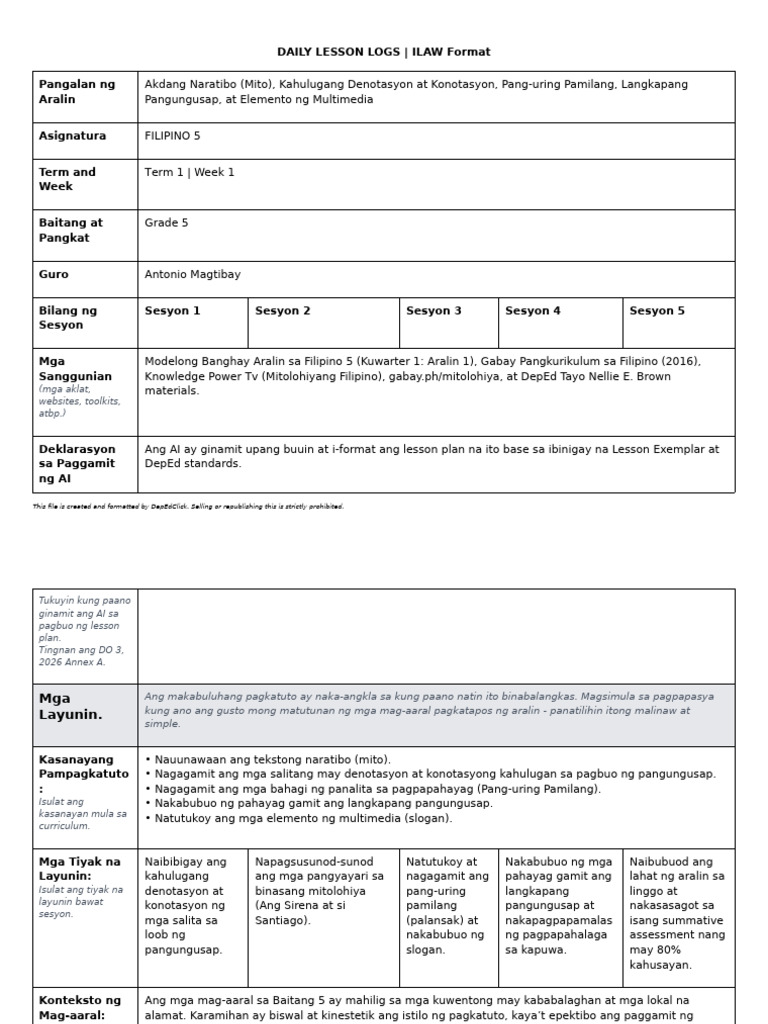 Filipino 5 DLL t1 w1 Ilaw Format | PDF