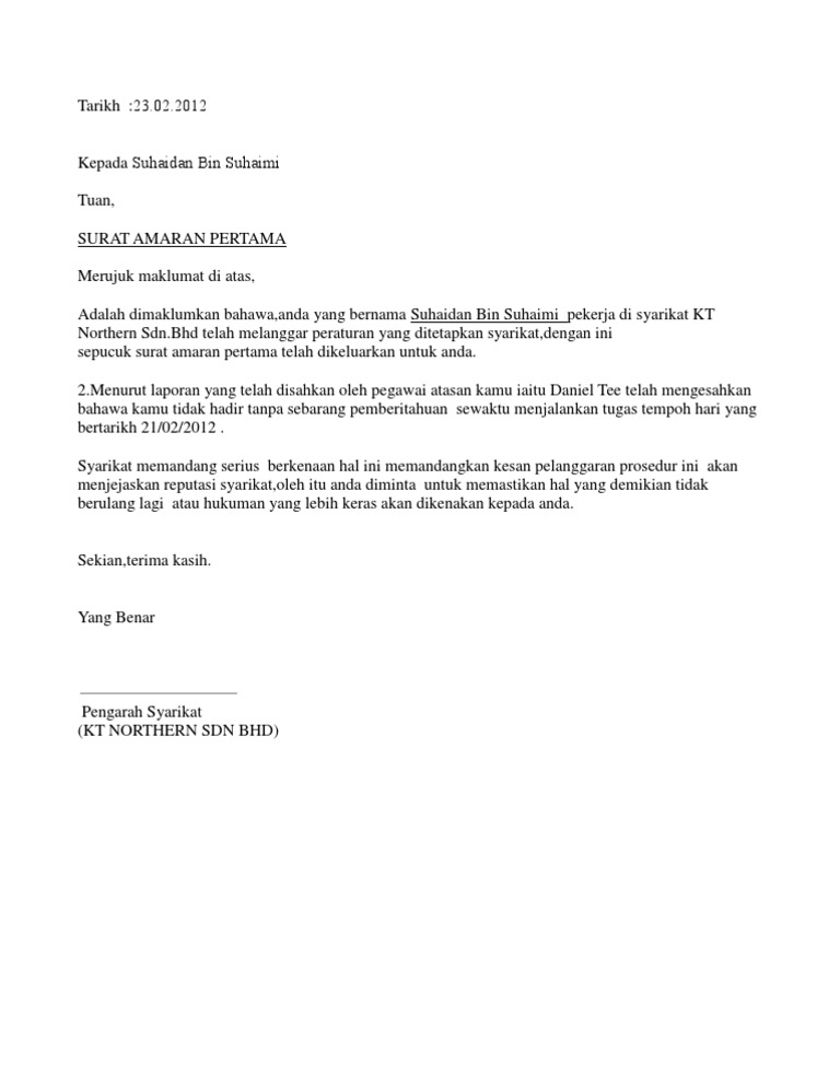 Contoh Surat Amaran Tidak Hadir Bekerja
