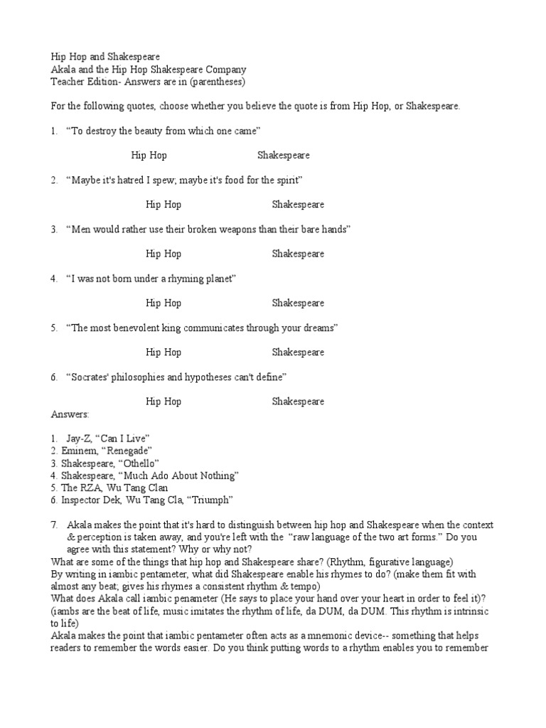 Hip Hop And Shakespeare Ted Talk Worksheet Answers