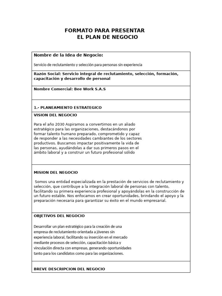 Formato Plan de Negocio | PDF | Reclutamiento | Negocios económicos