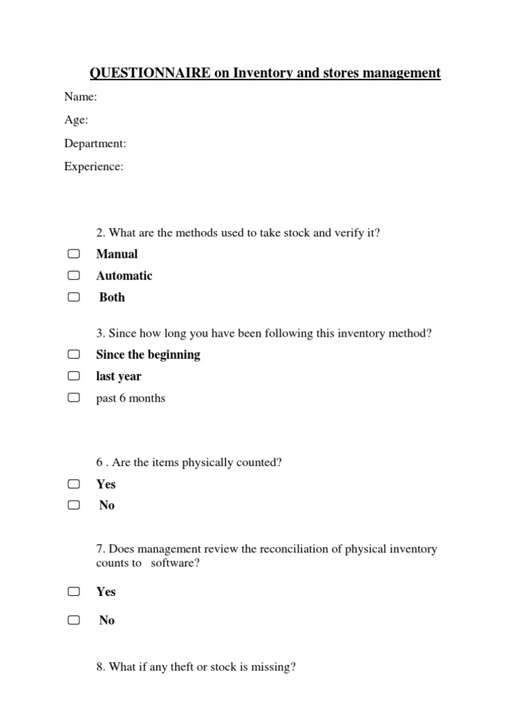 QUESTIONNAIRE on Inventory and Stores Management