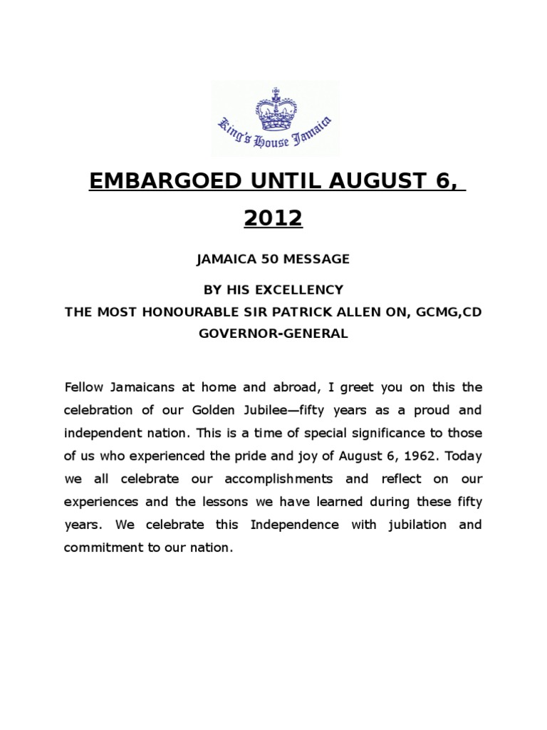 Governor General, Most Hon. Sir Patrick Allen Jamaica's 50th