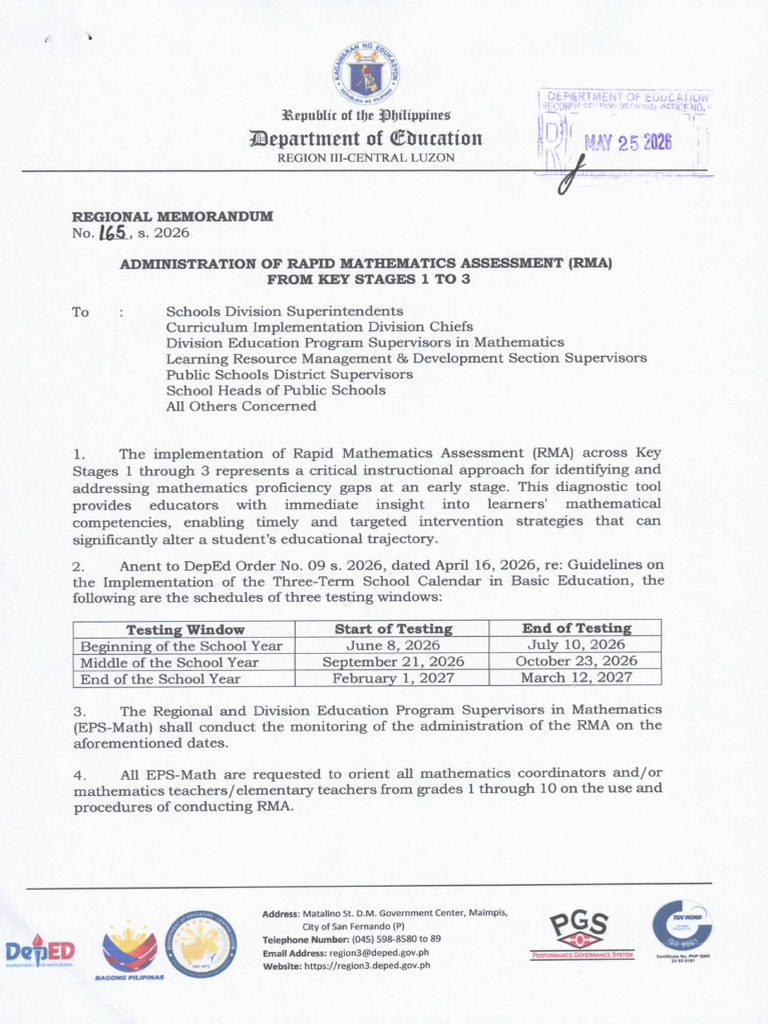 RM No. 165 S. 2026 Administration of Rapid Mathematics Assessment Rma ...