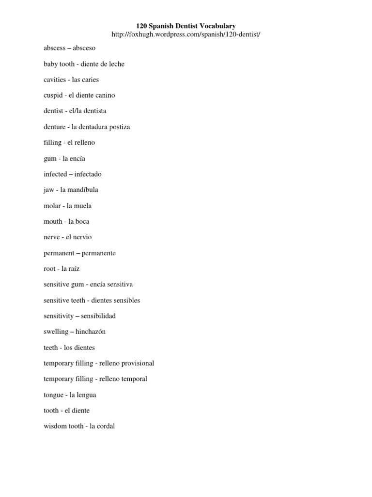 120 Spanish Dentist Vocabulary PDF
