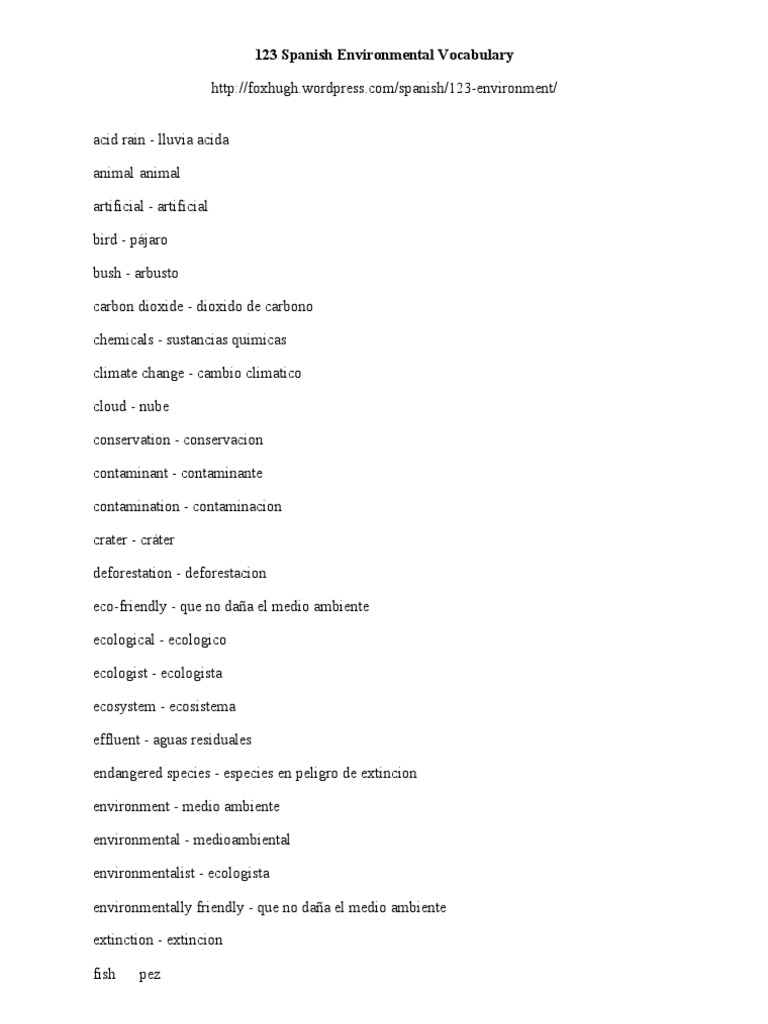 123 Spanish Environmental Vocabulary PDF Waste Pollution