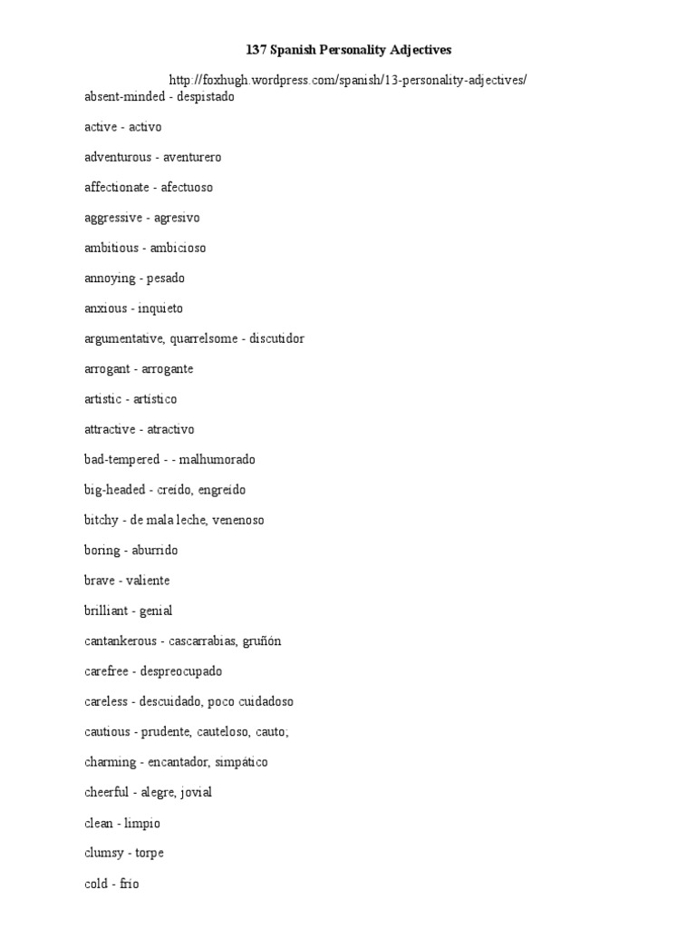 137 Spanish Personality Adjectives PDF