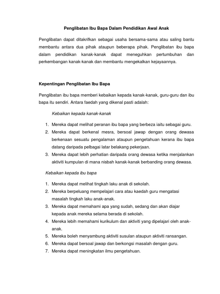 Penglibatan Ibu Bapa Dalam Pendidikan Awal Anak