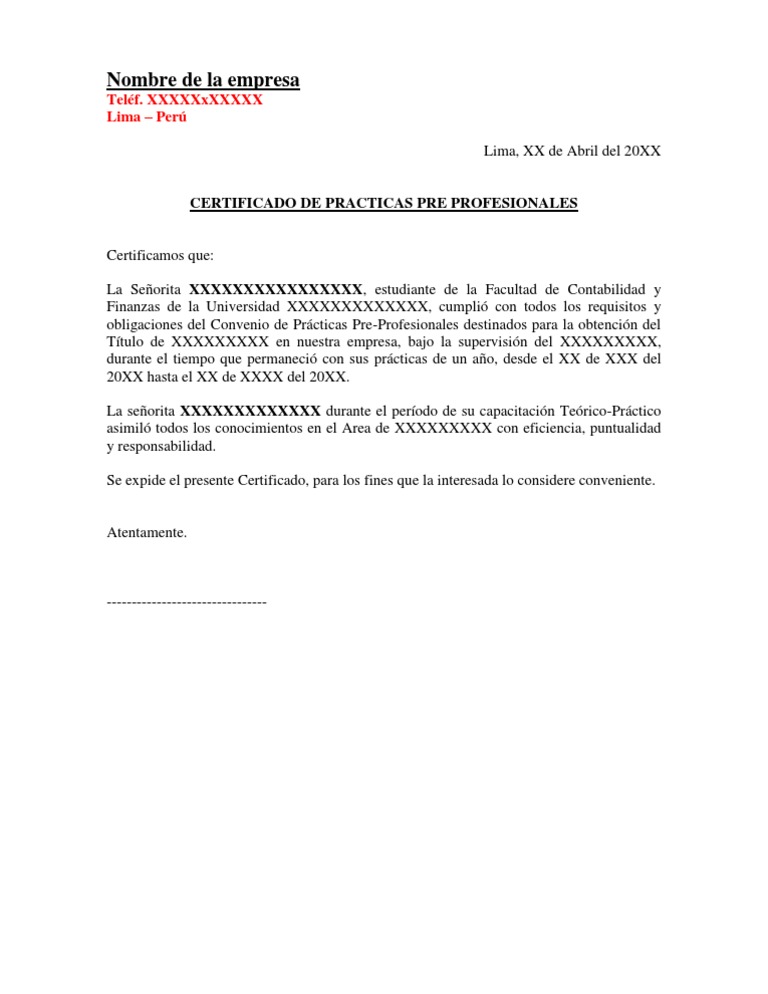 Certificado de Practicas Profesionales Modelo