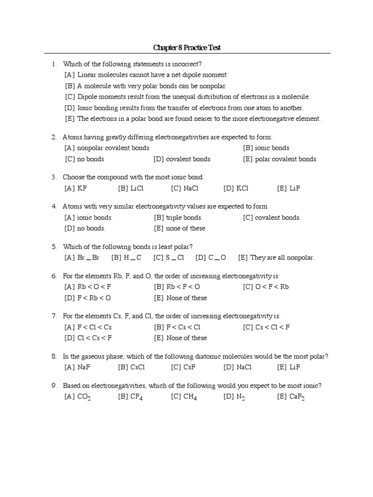 Chap8test Chemistry Chemical Polarity Chemical Bond