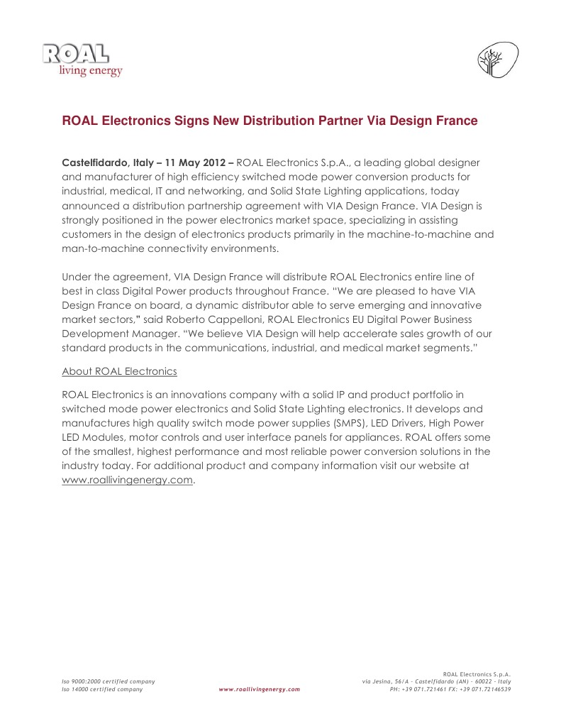 ROAL Electronics Signs New Distribution Partner Via Design France ...