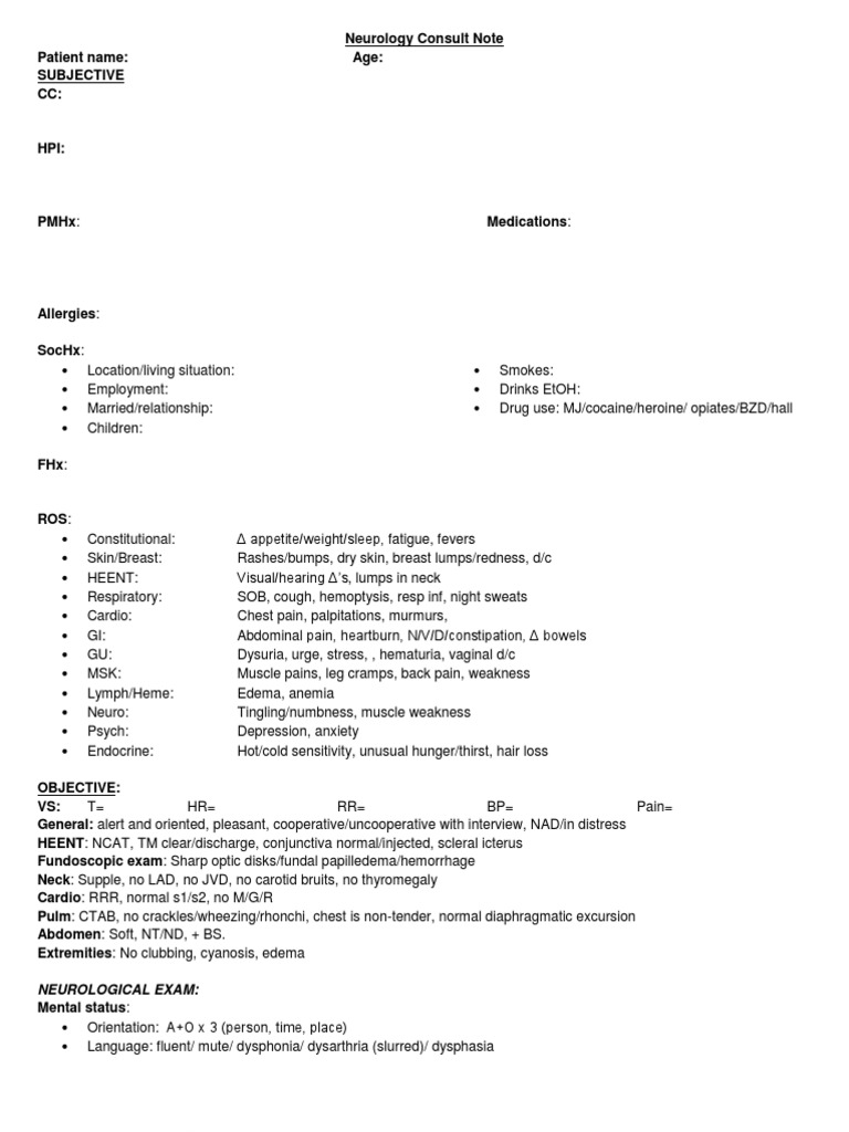 Neurology Consult Note Template  PDF  Anatomical Terms Of Motion Within Consult Note Template
