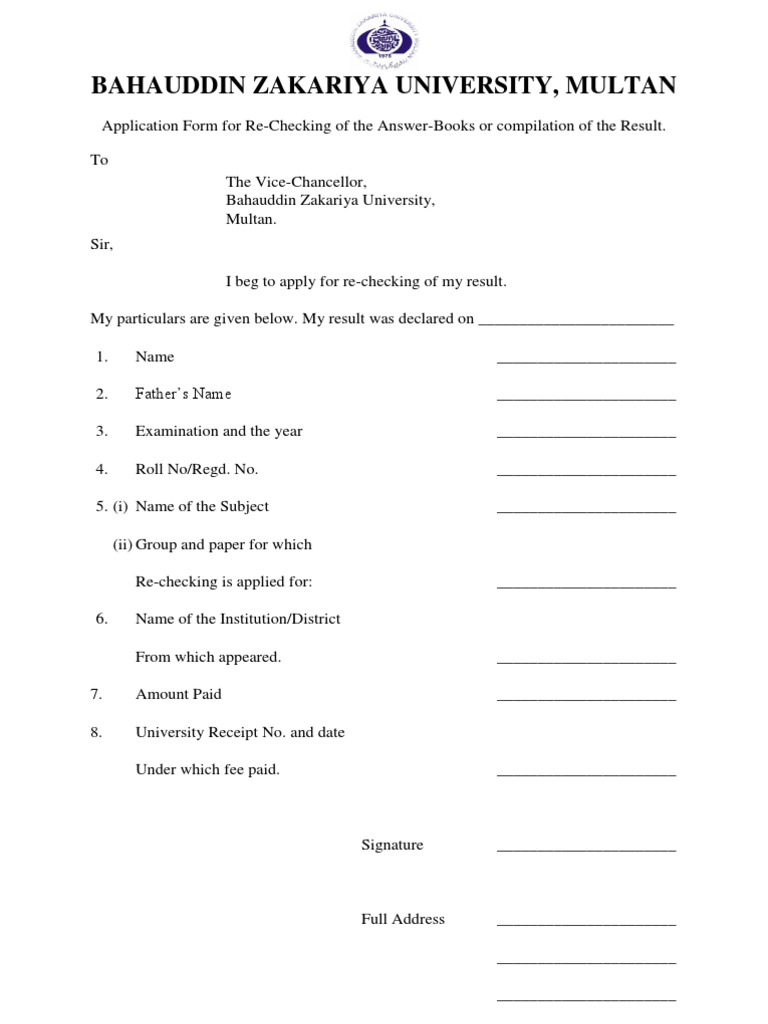 Bahauddin Zakariya University Bzu Rechecking Application Form Government Politics