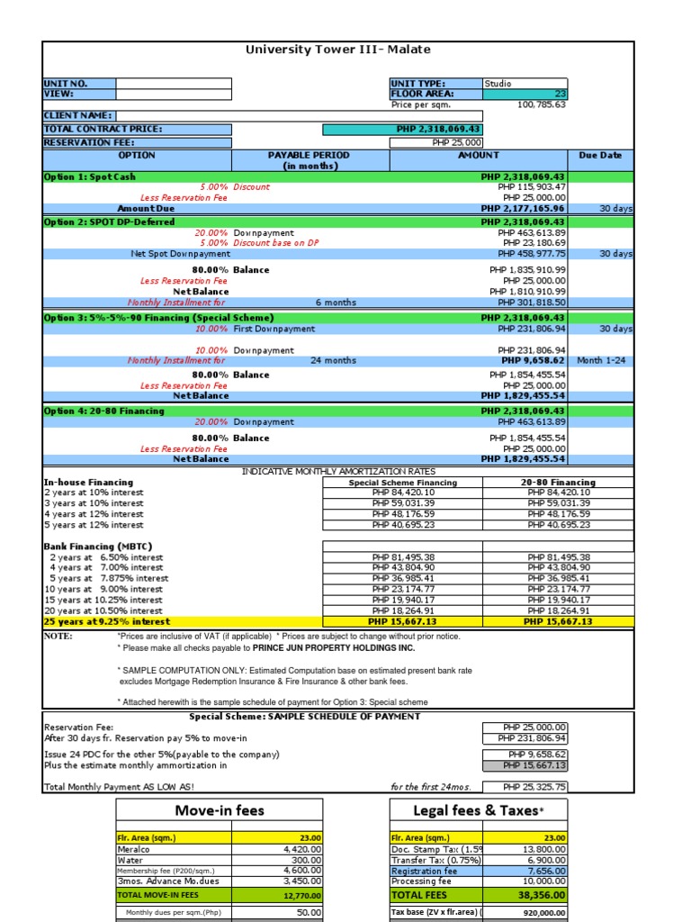 University Tower Sample Computation | PDF | Down Payment | Fee