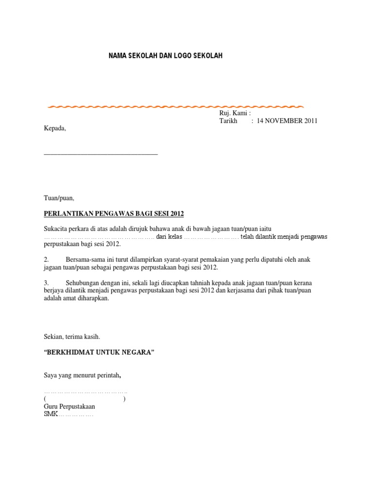 Contoh Surat Pelantikan Pengawas Percubaan