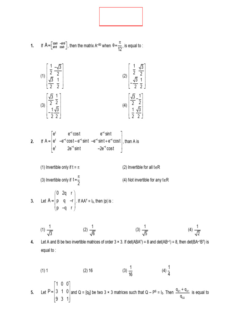 JEE_PYQs | PDF | Matrix (Mathematics) | Linear Algebra