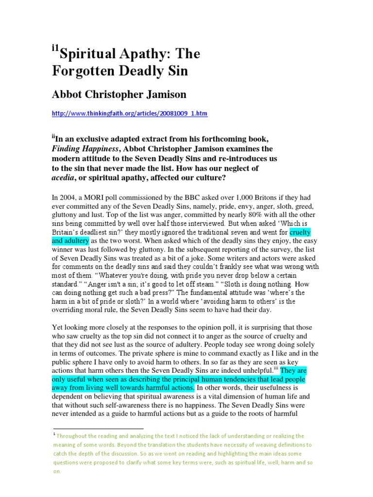 Spiritual Apathy Seven Deadly Sins Self Awareness