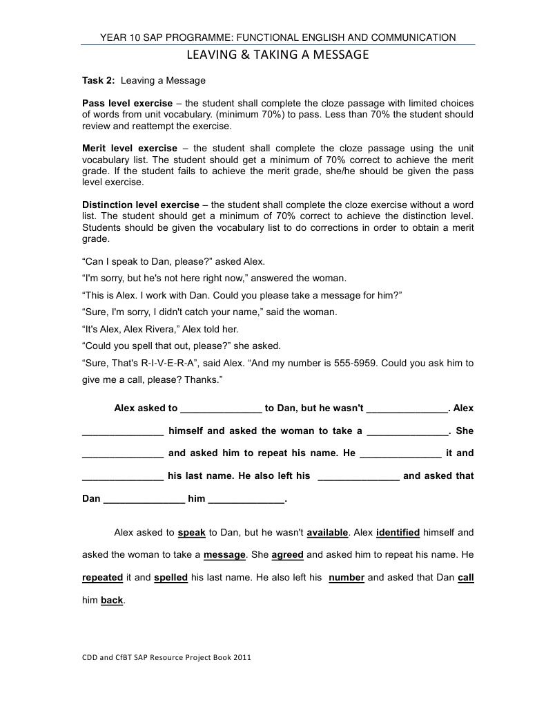 Grade 2 Message Taking Exercise | PDF | Vocabulary | English Language