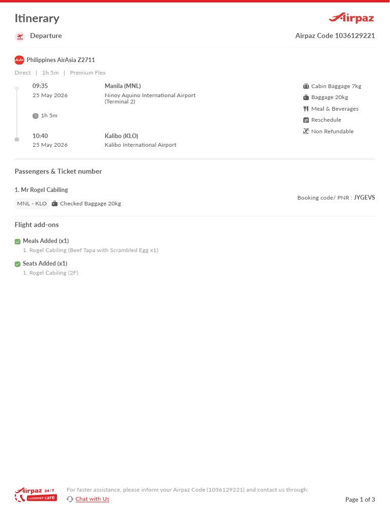Itinerary: Departure Airpaz Code 1036129221 | PDF