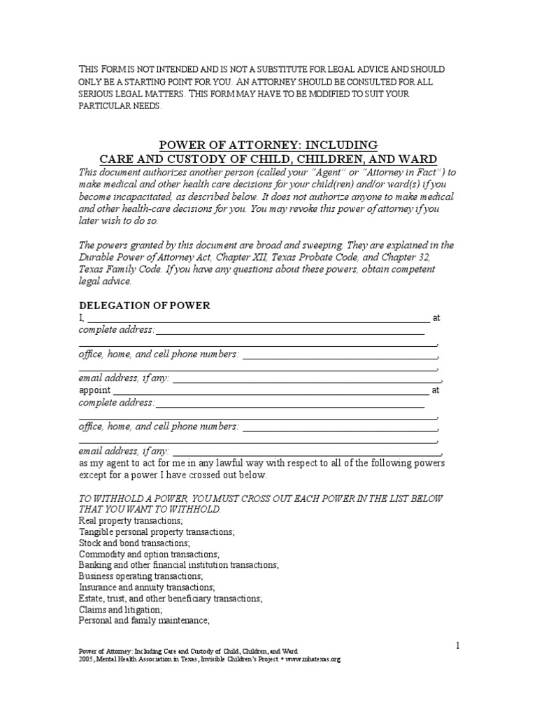 Power of Attorney PDF Power Of Attorney Child Custody