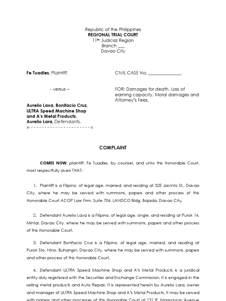 Sample Complaint Summons Damages