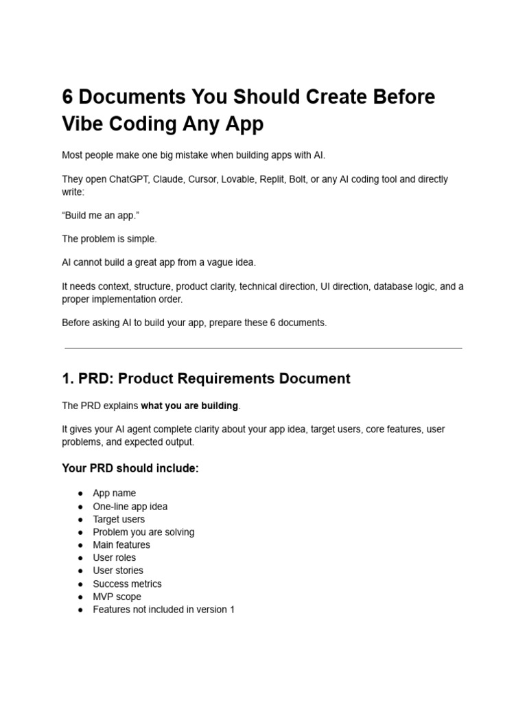 6 Documents You Should Create Before Vibe Coding Any App | PDF ...