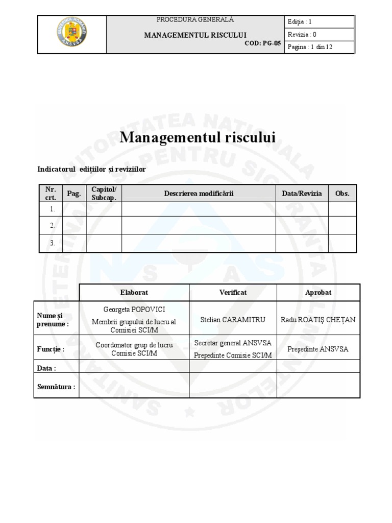 PO - Managementul Riscului + Anexe - ANSVSA | PDF
