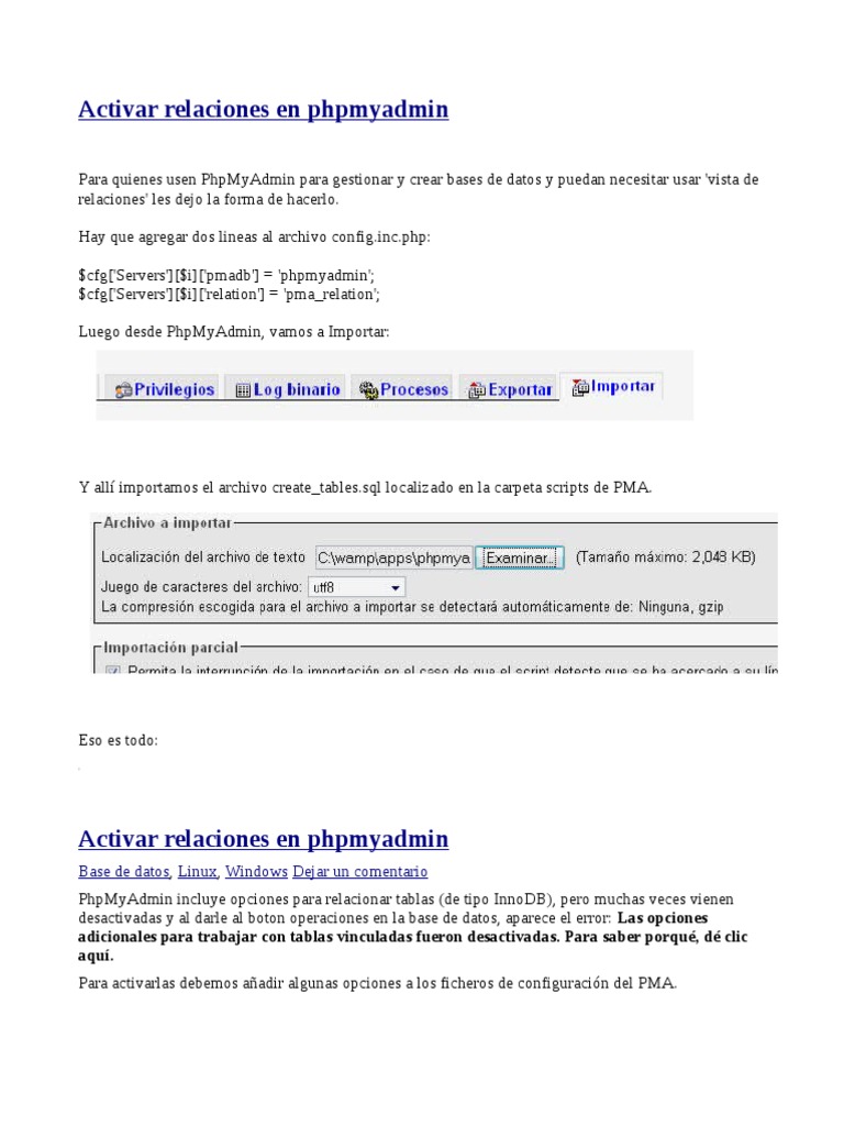 Activar relaciones en PhpMyAdmin | PDF | Archivo de computadora | Mi sql