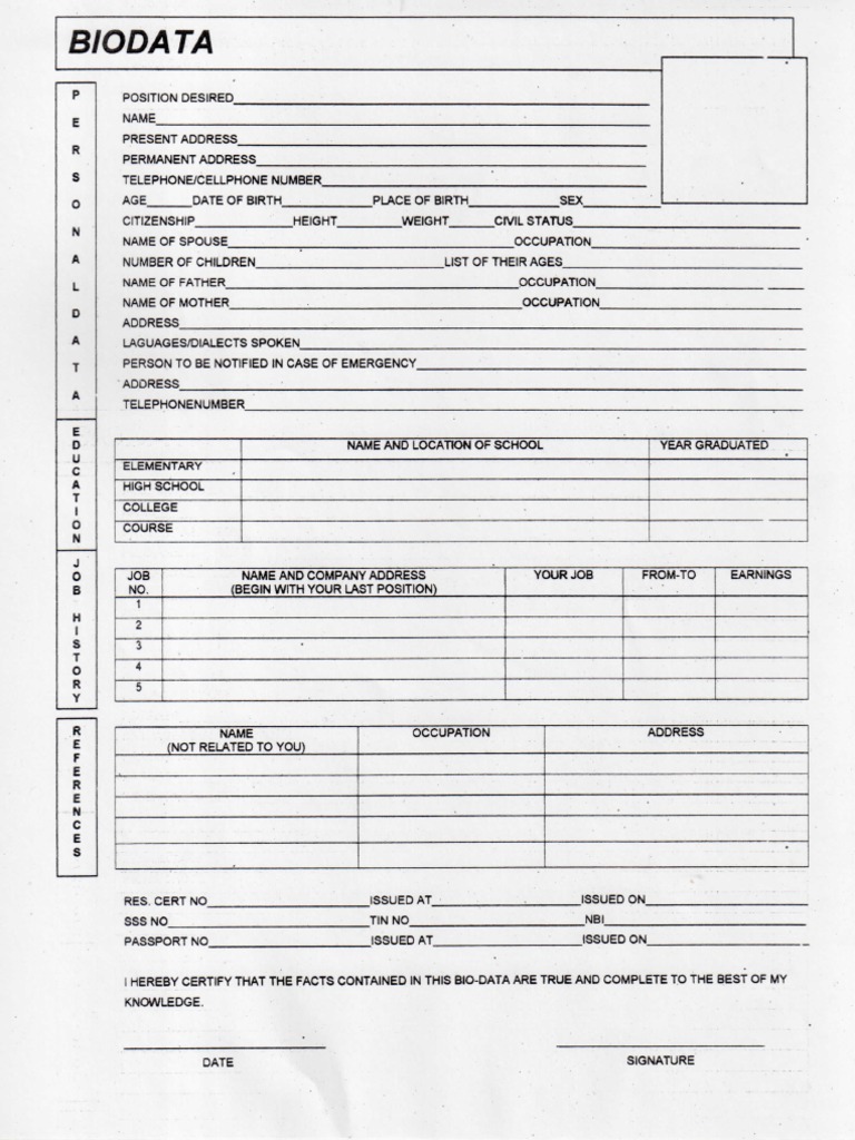 Bio Data Form Free Download