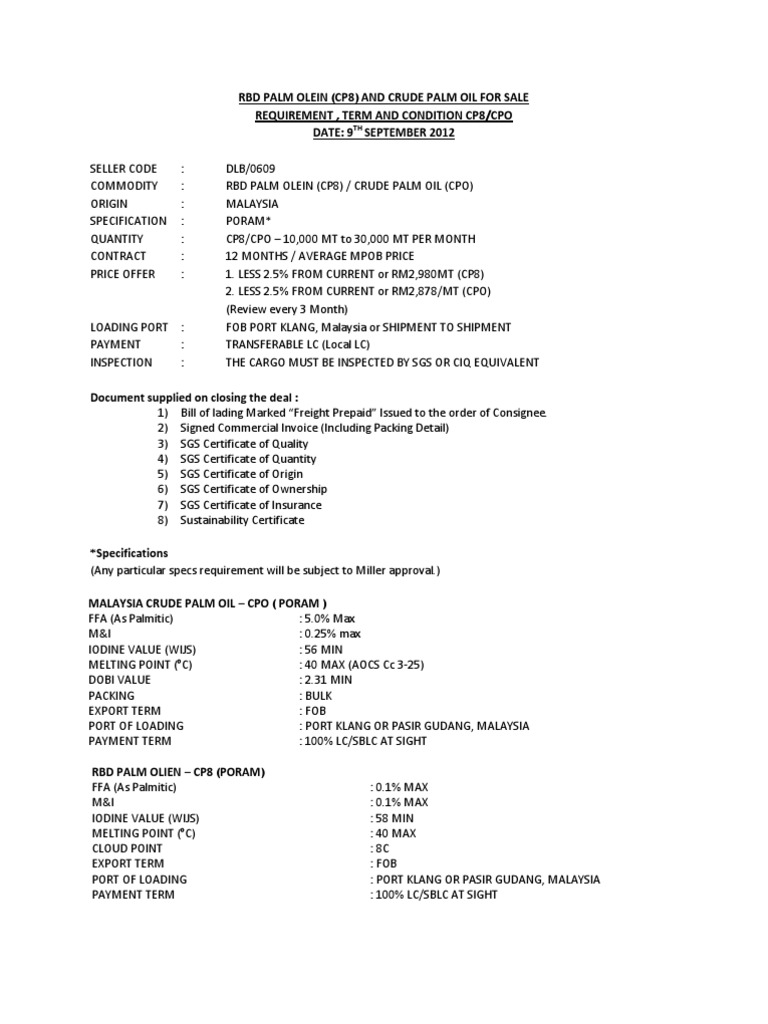 RDB Palm Olein (CP8) & Crude Palm Oil (CPO) For Sale (Domestic Export