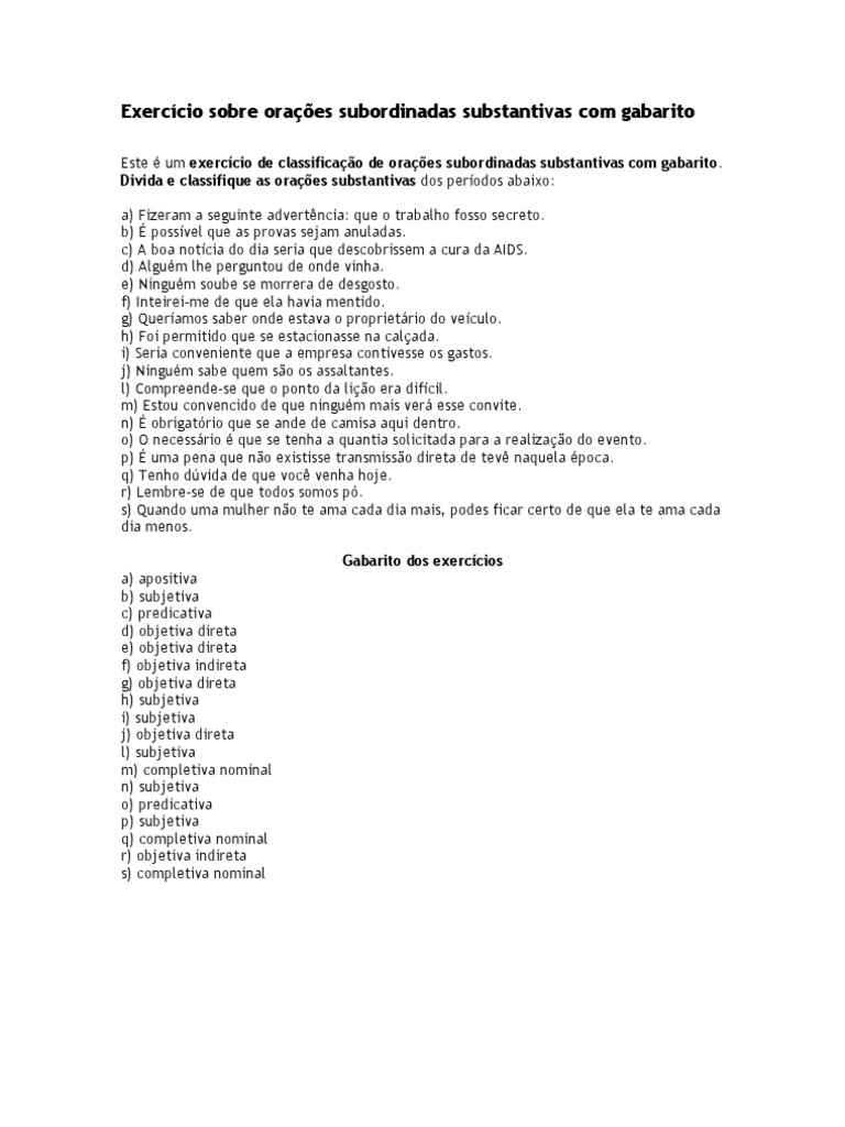 Orações Subordinadas Substantivas Reduzidas Exercícios Com Gabarito 9o Ano