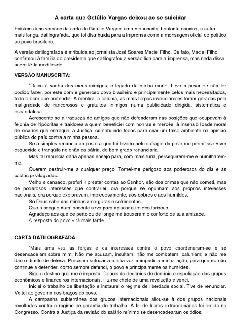 A carta que Getúlio Vargas deixou ao se suicidar 