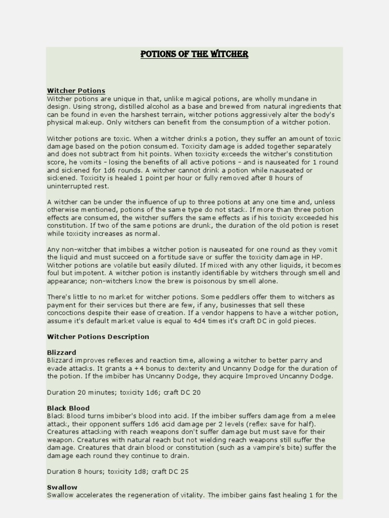 Witcher Potions Overview and Effects | PDF | Wound | Leisure