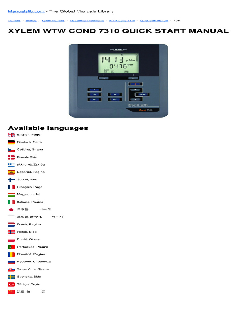 Xylem WTW Cond 7310 Quick Start Manual: Available Languages | PDF