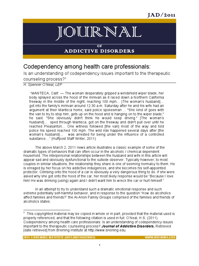 Codependency Among Health Care Professionals Is An Understanding of Codependency Issues