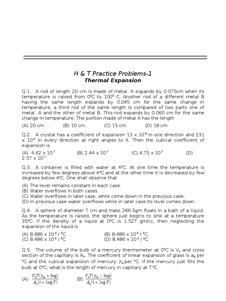 Thermal Expansion Practice Problems | PDF | Thermal Expansion ...