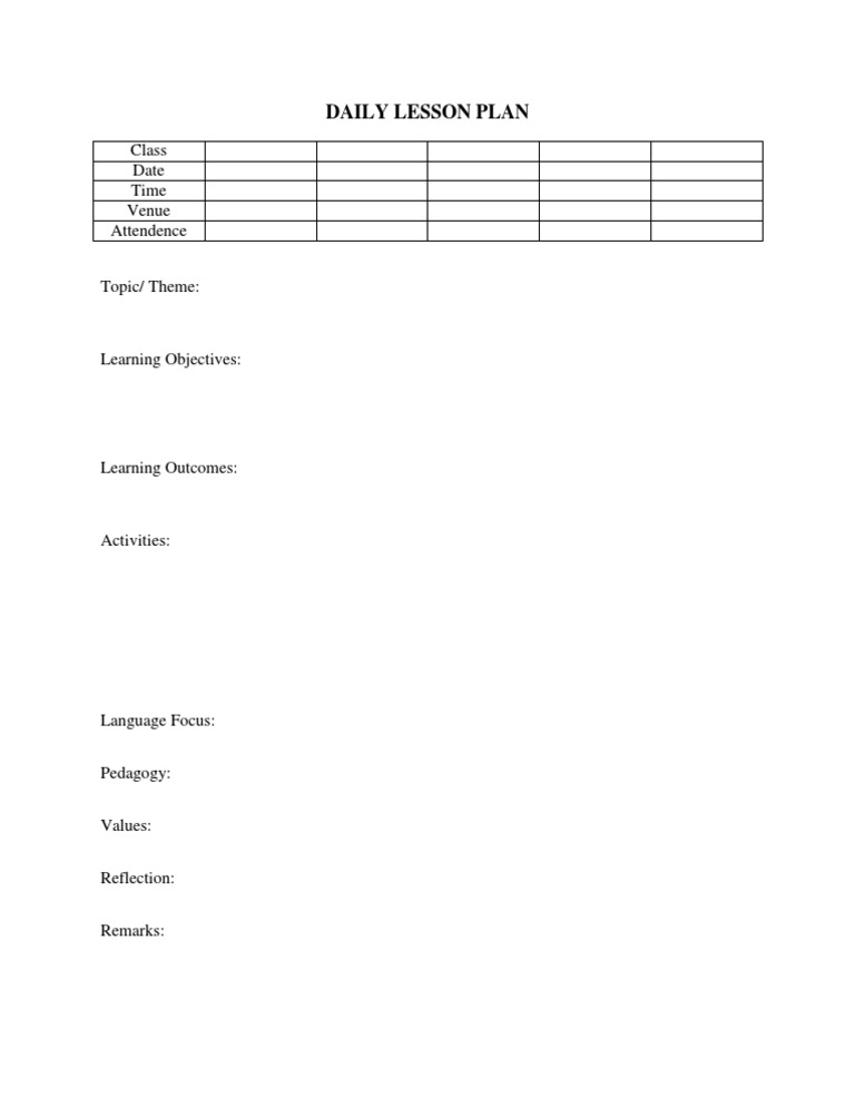 Daily lesson plan class date time venue attendence pdf