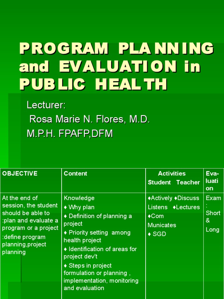 Planning and Evaluation in Public Health