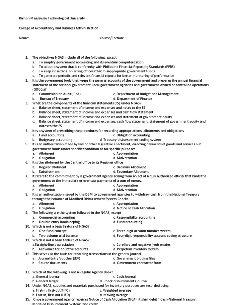 Government Accounting Exam Philippines Fund Accounting Debits And
