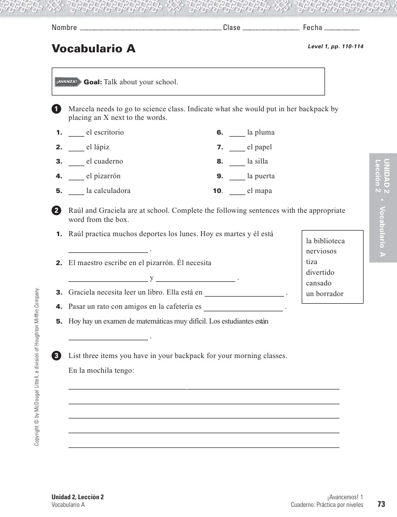 Unidad 2 Leccion A Answer Key