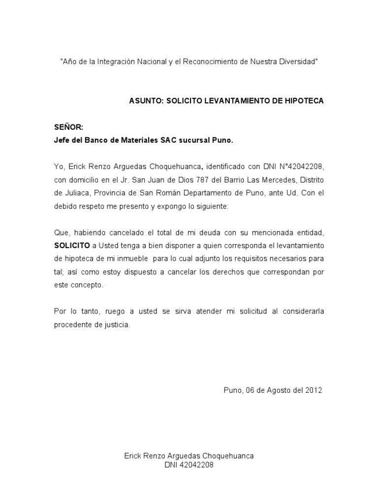 Carta Modelo de Solicitud de Minuta de Levantamiento de Hipoteca