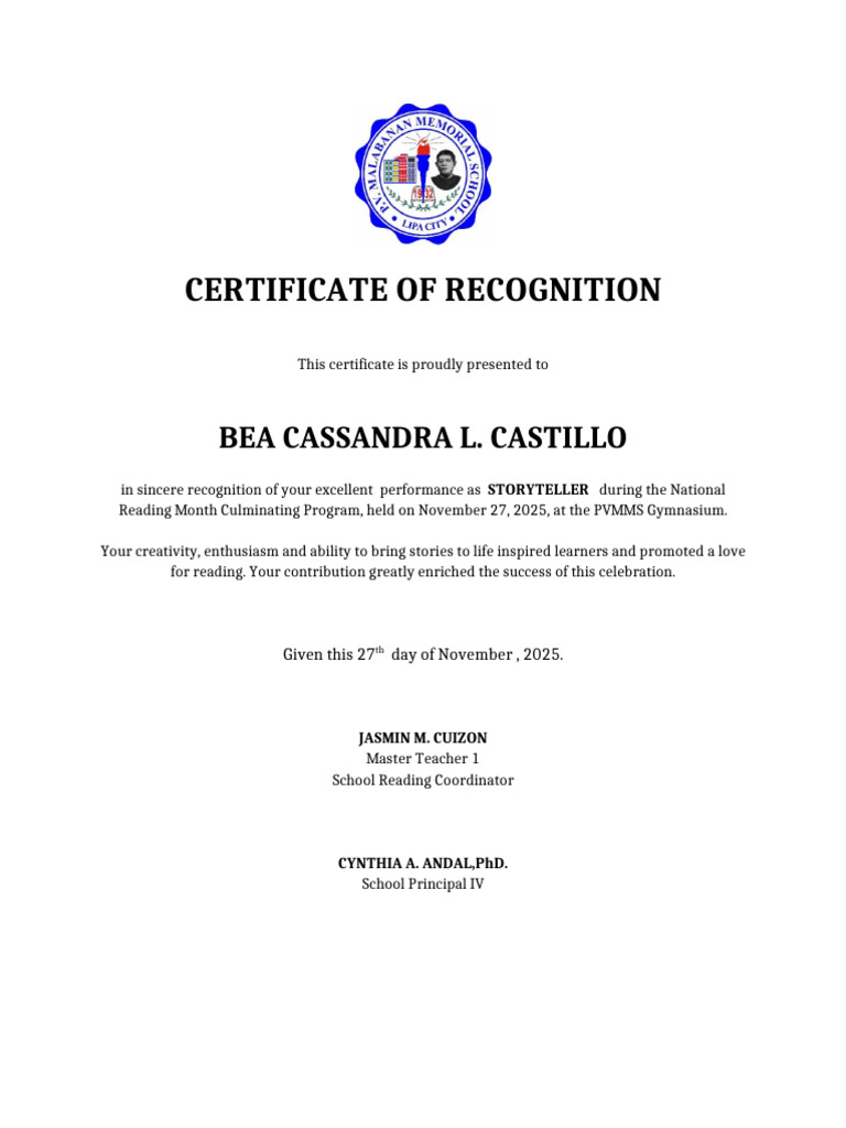 Certificate of Recognition - LCC | PDF