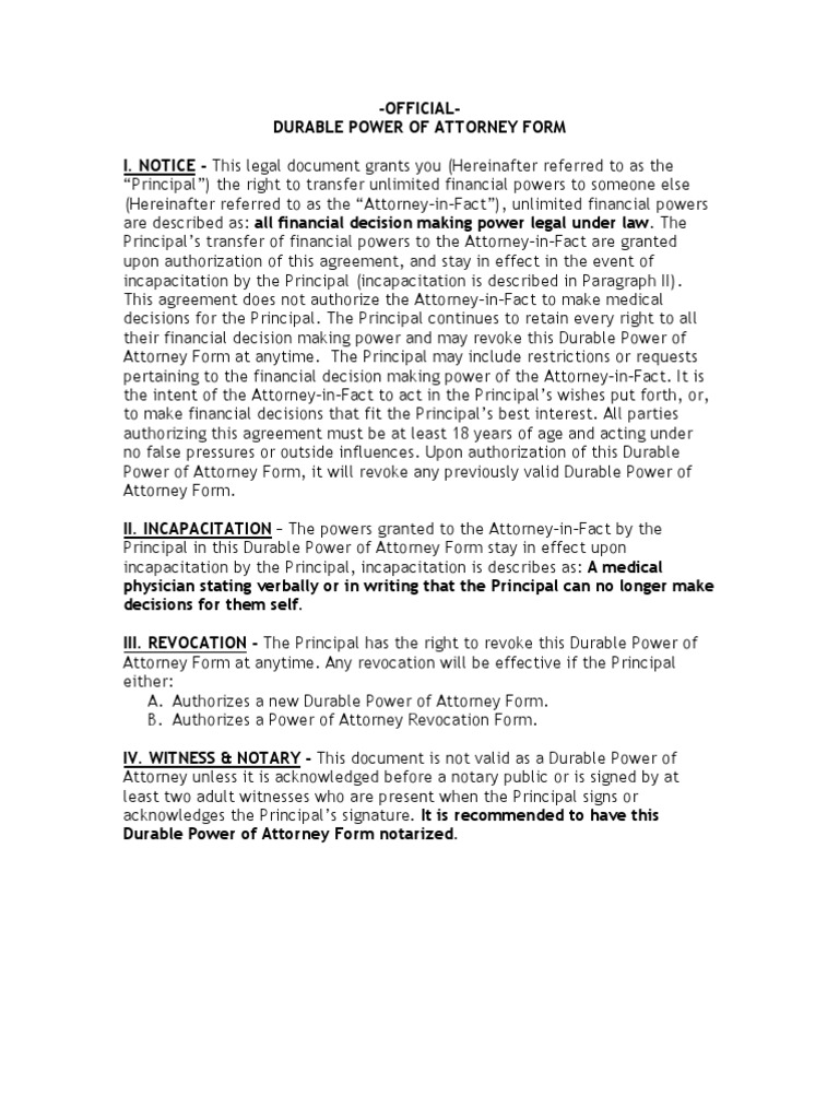 Durable Power of Attorney Form PDF Power Of Attorney Notary Public