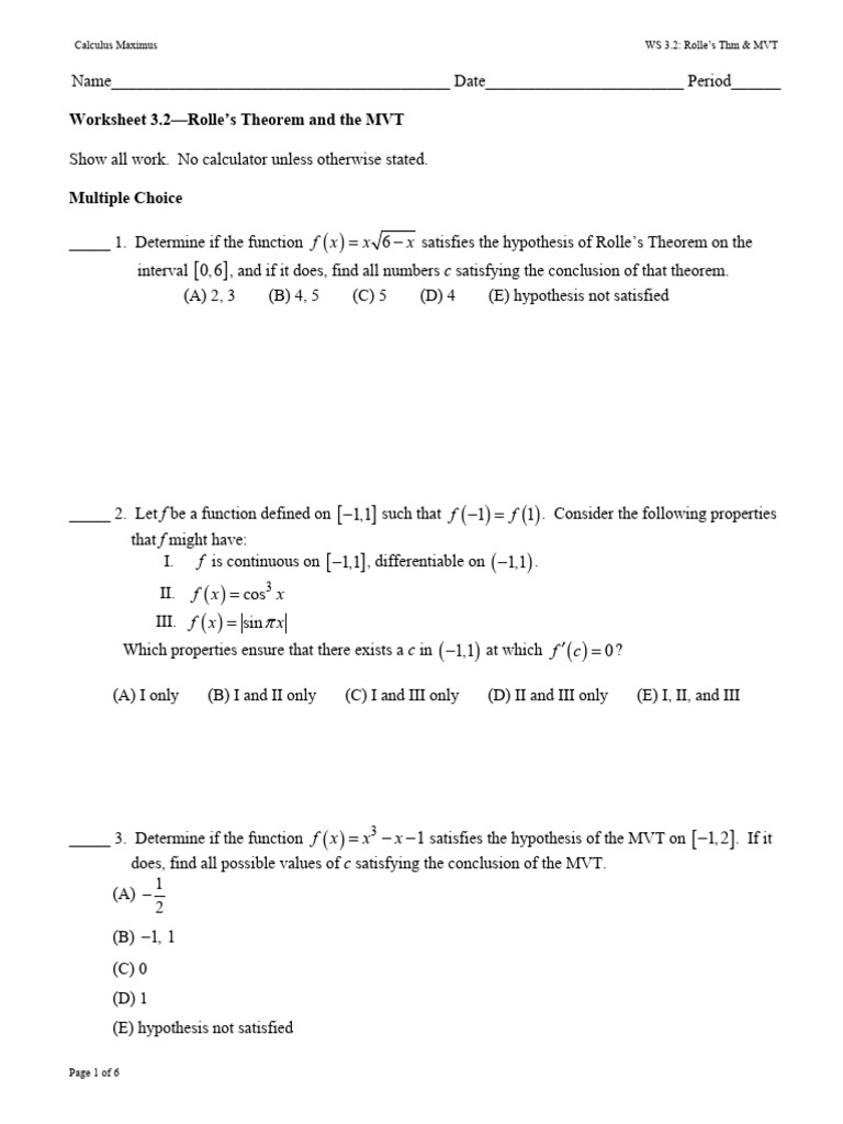 Rolle Theorem Thing Worksheet That Helps With Concept | PDF | Function ...