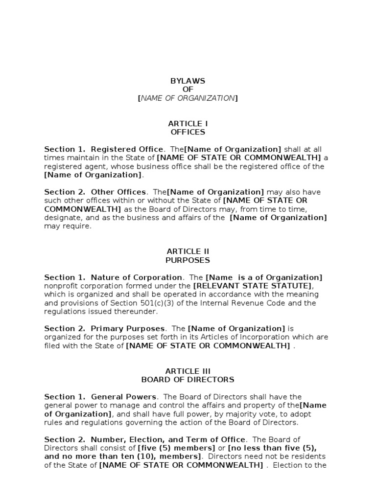 501C Bylaws Sample PDF Board Of Directors Committee