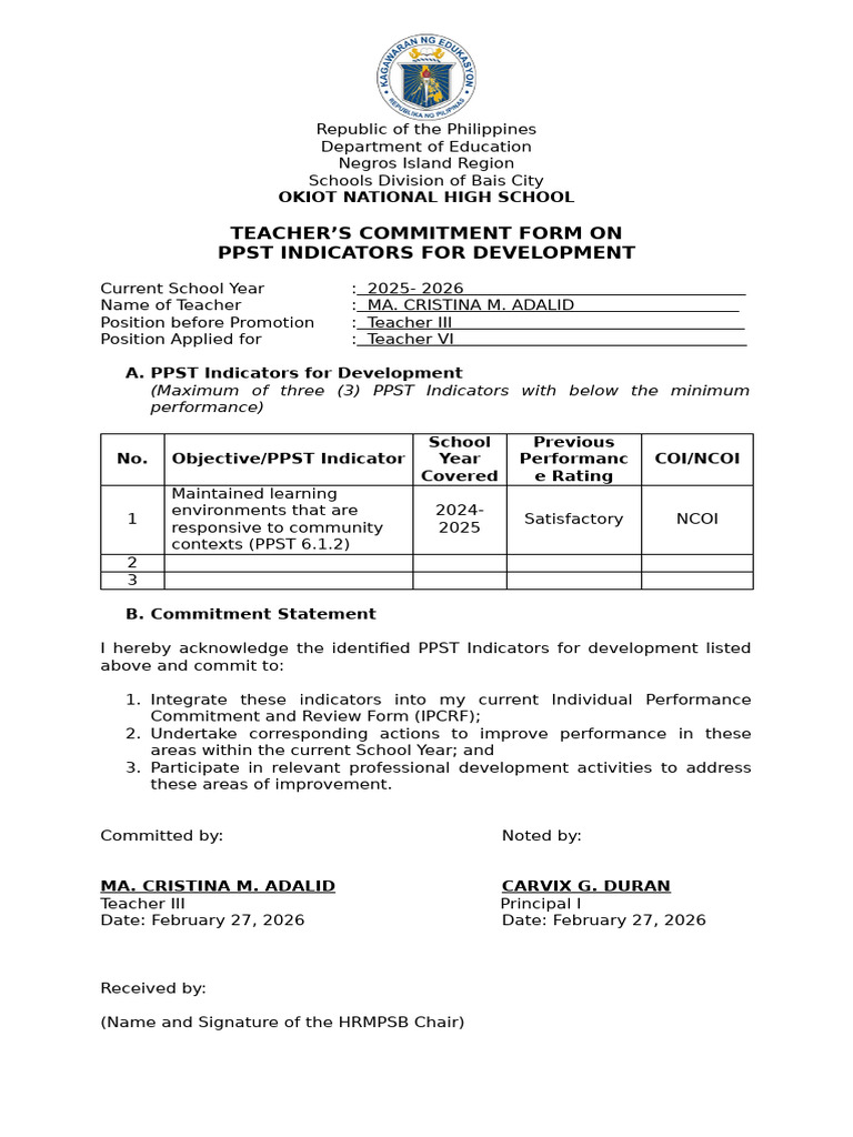 Teachers Commitment Form On PPST Indicators For Development | PDF