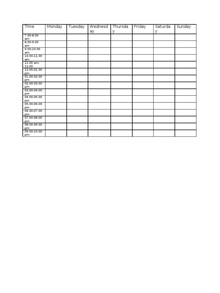 Weekly Schedule Time Slots | PDF